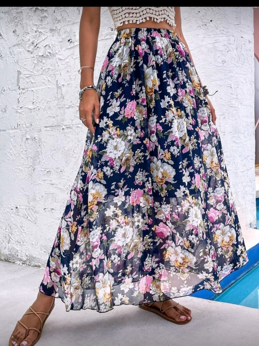 Navy Floral Midi Skirt with Pink and Yellow Blooms💙